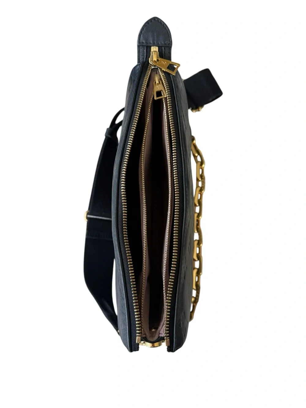 Louis Vuitton Coussin PM Black Embossed Monogram Crossbody with Gold Chain